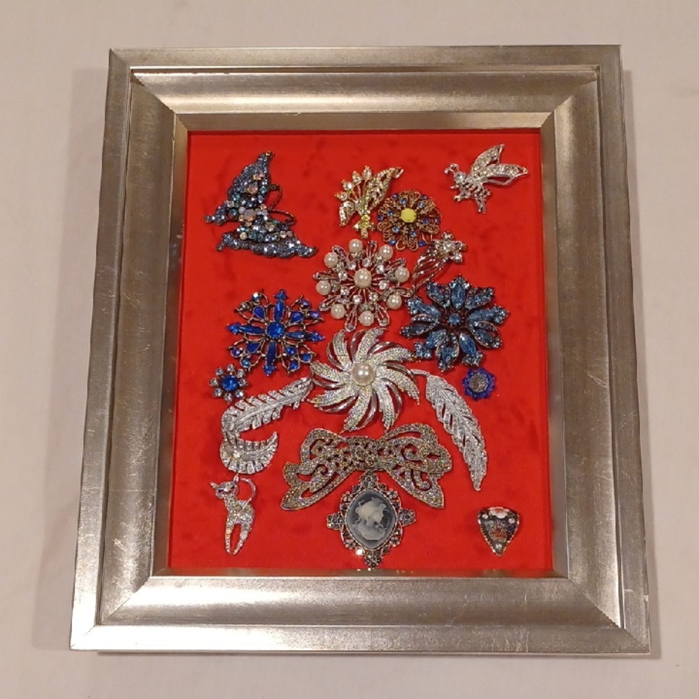 Floral Brooch Picture Art Silver Frame on Red Minky Background